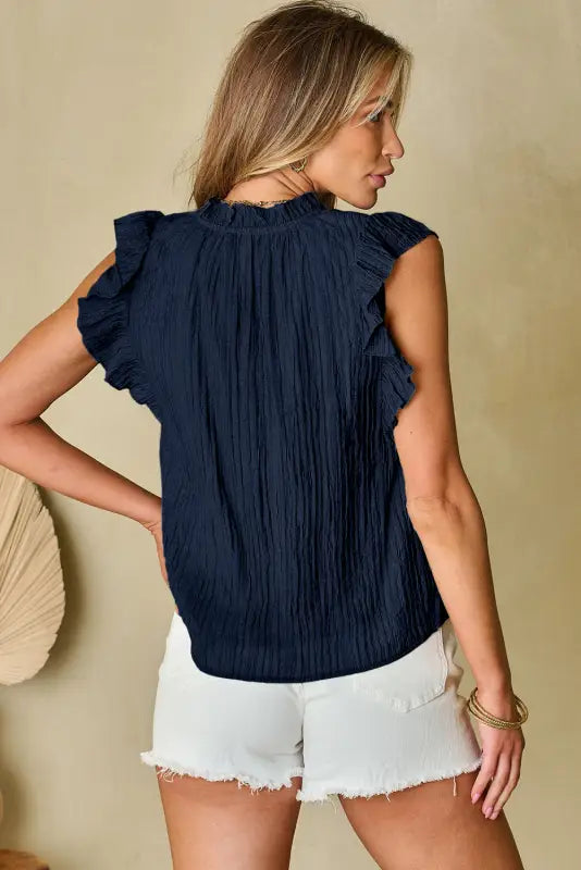 Navy blue v neck flutter sleeve textured blouse - tops