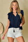 Navy blue v neck flutter sleeve textured blouse - tops