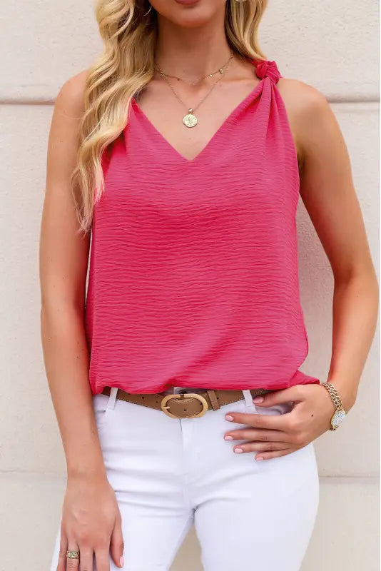 Black v neck knotted shoulder vest - tops