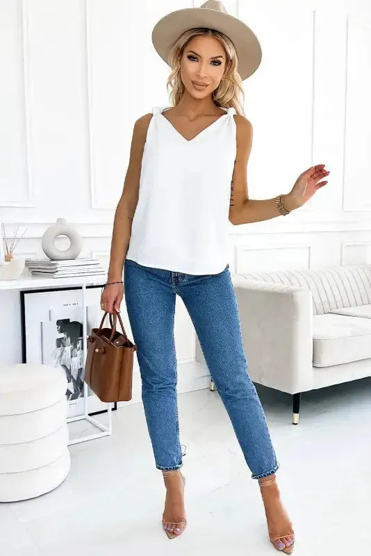 Chic V-Neck Knotted Shoulder Vest - Fashionfitz