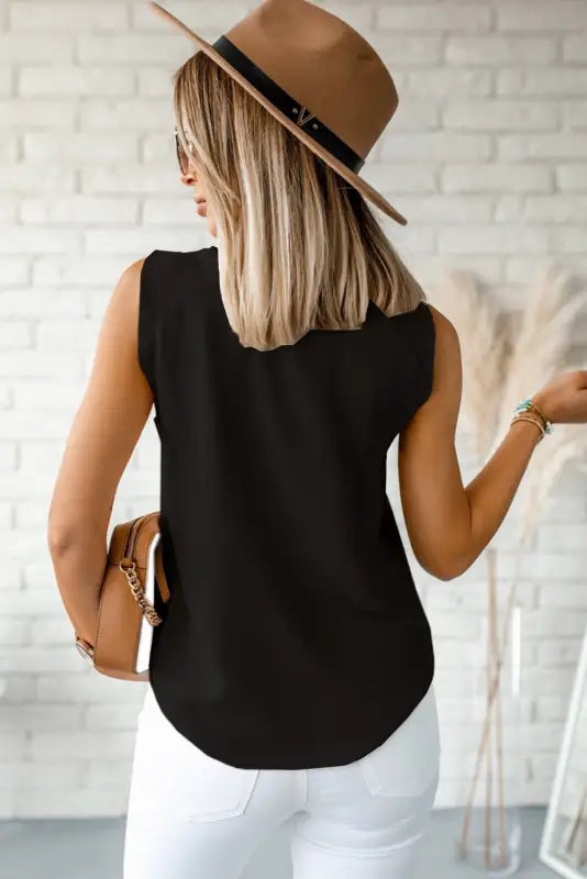 Black v neck knotted shoulder vest - tops