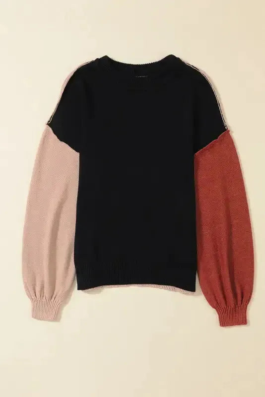 Chicory Coffee Color Block Exposed Seam Loose Fit Sweater - Fashionfitz