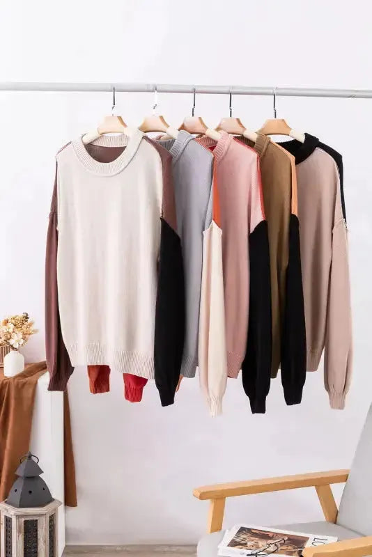 Chicory Coffee Color Block Exposed Seam Loose Fit Sweater - Fashionfitz