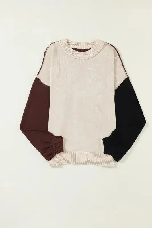 Chicory Coffee Color Block Exposed Seam Loose Fit Sweater - Fashionfitz