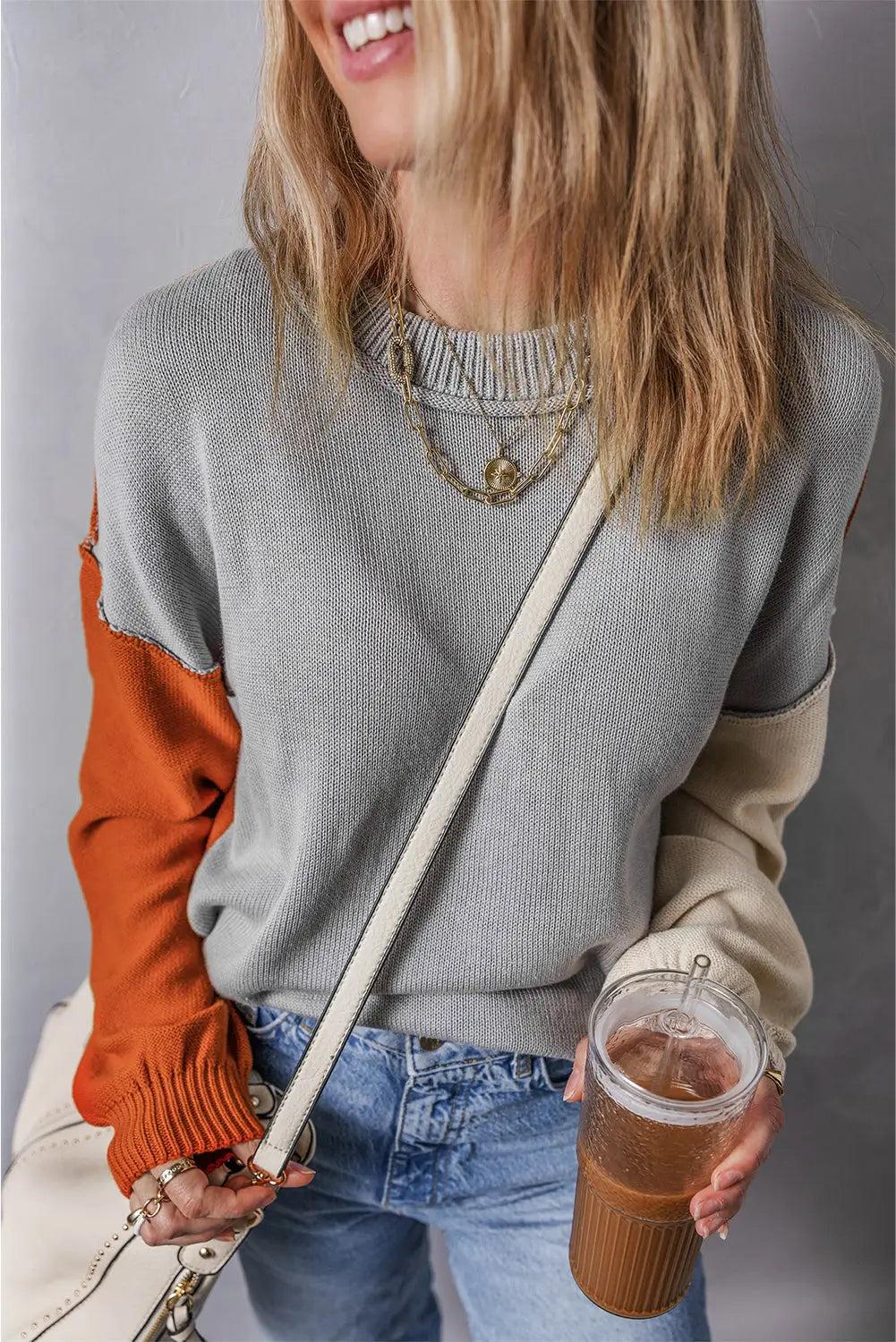 Chicory coffee color block exposed seam loose fit sweater - tops