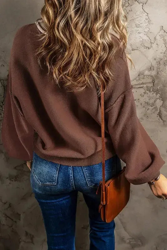 Chicory Coffee Contrast Color Exposed Seam Drop Shoulder Sweater - Fashionfitz