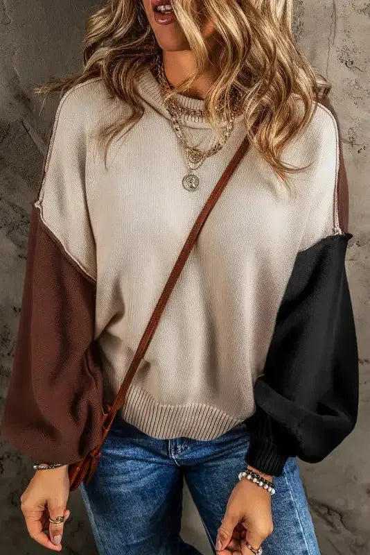 Chicory Coffee Contrast Color Exposed Seam Drop Shoulder Sweater - Fashionfitz