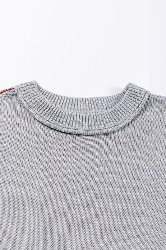 Chicory Coffee Contrast Color Exposed Seam Drop Shoulder Sweater - Fashionfitz