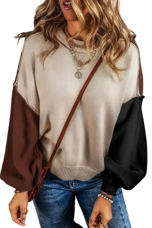 Chicory Coffee Contrast Color Exposed Seam Drop Shoulder Sweater - Fashionfitz