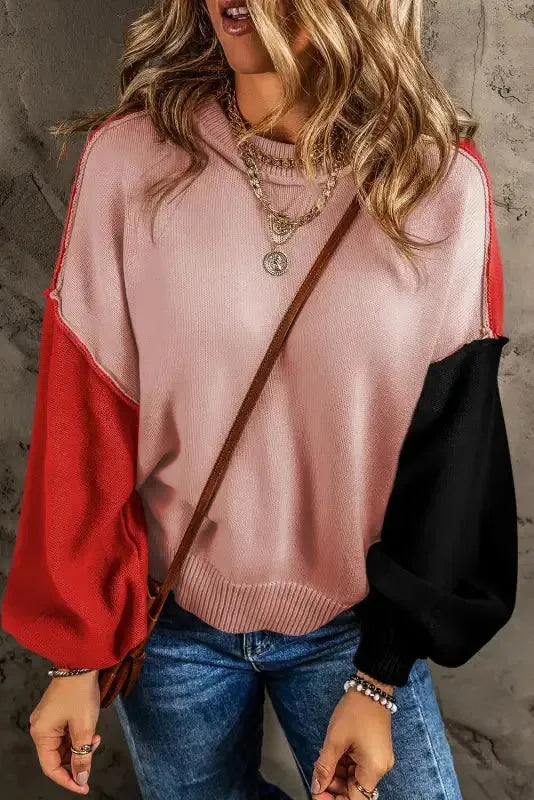 Chicory Coffee Contrast Color Exposed Seam Drop Shoulder Sweater - Fashionfitz