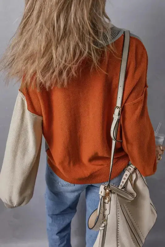 Chicory Coffee Contrast Color Exposed Seam Drop Shoulder Sweater - Fashionfitz