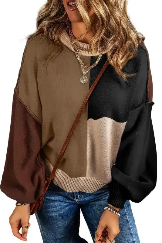 Chicory Coffee Contrast Color Exposed Seam Drop Shoulder Sweater - Fashionfitz
