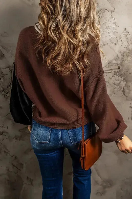 Chicory Coffee Contrast Color Exposed Seam Drop Shoulder Sweater - Fashionfitz