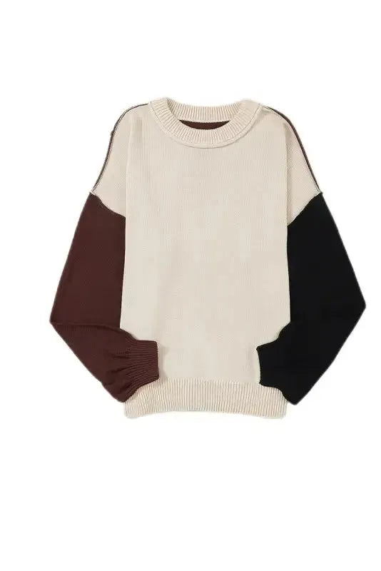 Chicory Coffee Contrast Color Exposed Seam Drop Shoulder Sweater - Fashionfitz