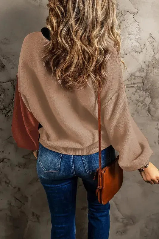 Chicory Coffee Contrast Color Exposed Seam Drop Shoulder Sweater - Fashionfitz