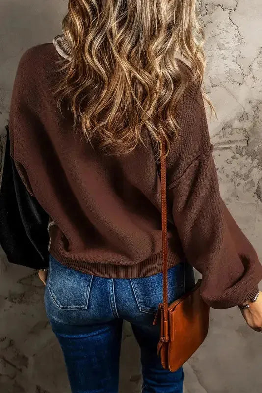 Chicory Coffee Contrast Color Exposed Seam Drop Shoulder Sweater - Fashionfitz