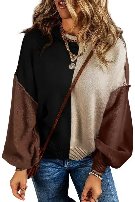 Chicory Coffee Contrast Color Exposed Seam Drop Shoulder Sweater - Fashionfitz