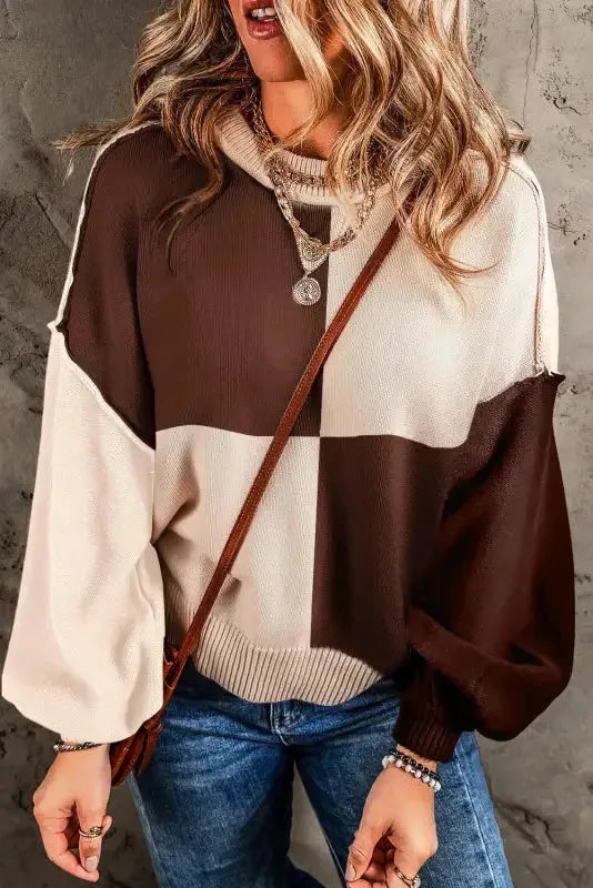 Chicory Coffee Contrast Color Exposed Seam Drop Shoulder Sweater - Fashionfitz