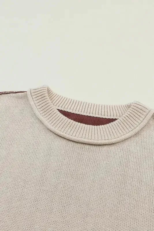 Chicory Coffee Contrast Color Exposed Seam Drop Shoulder Sweater - Fashionfitz