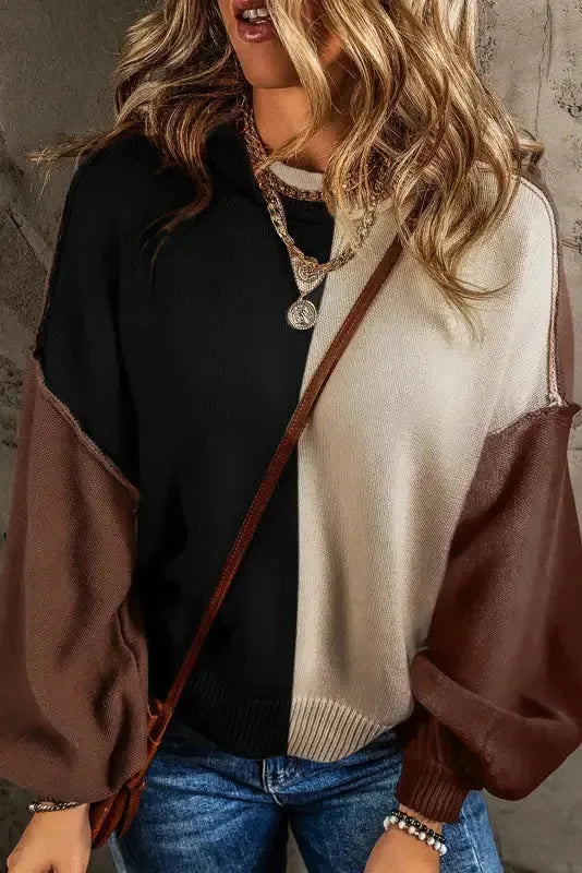 Chicory Coffee Contrast Color Exposed Seam Drop Shoulder Sweater - Fashionfitz