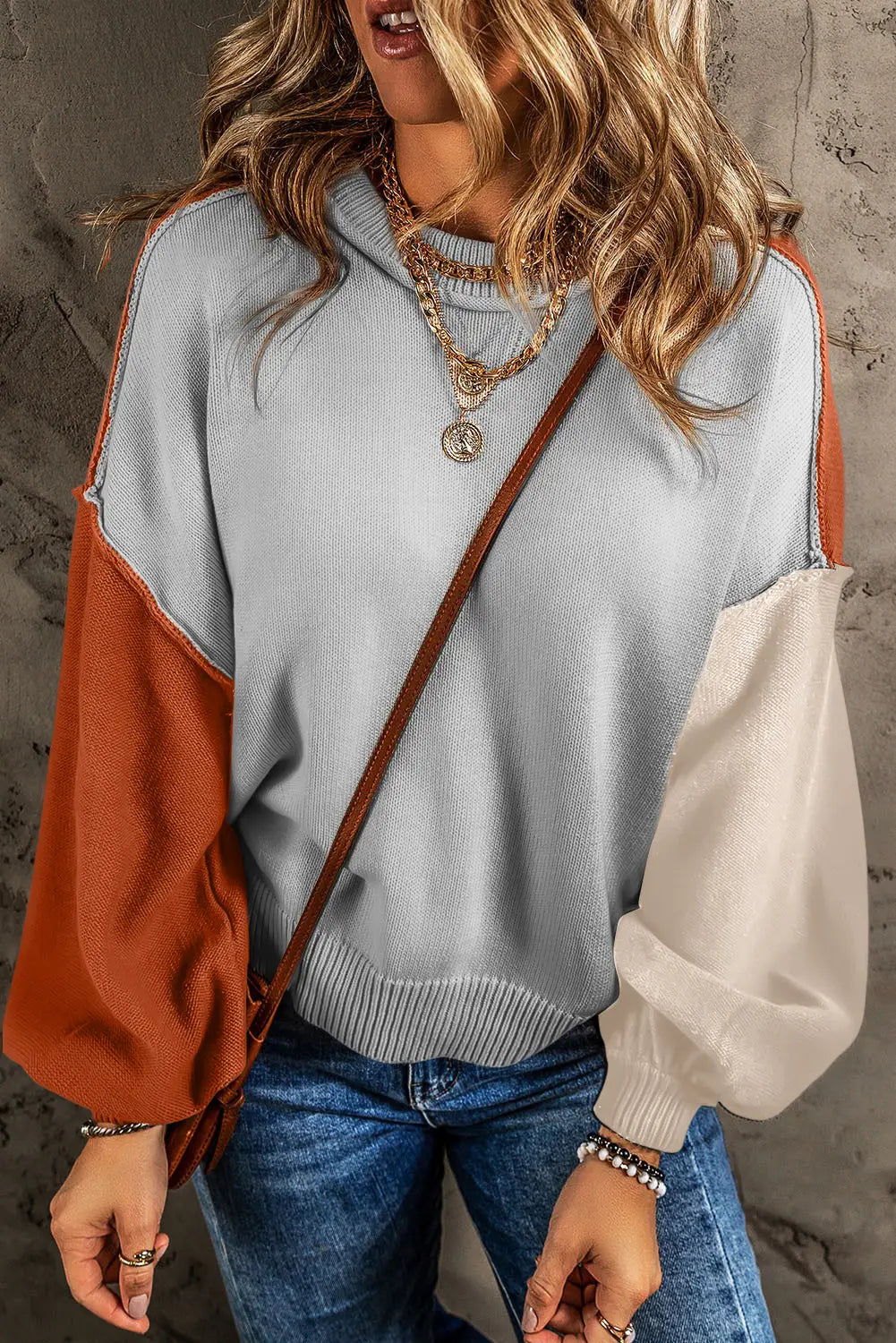 Chicory coffee contrast color exposed seam drop shoulder sweater - gray / s / 55% acrylic + 45% cotton - tops