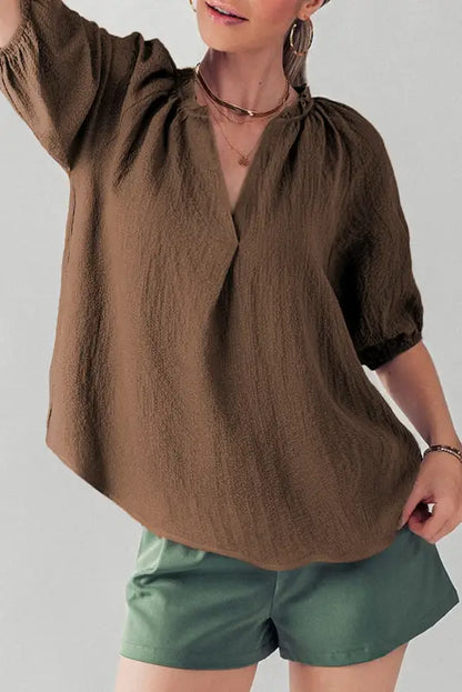 Chicory puff sleeve crinkle blouse - coffee / s / 97% polyester + 3% elastane - blouses