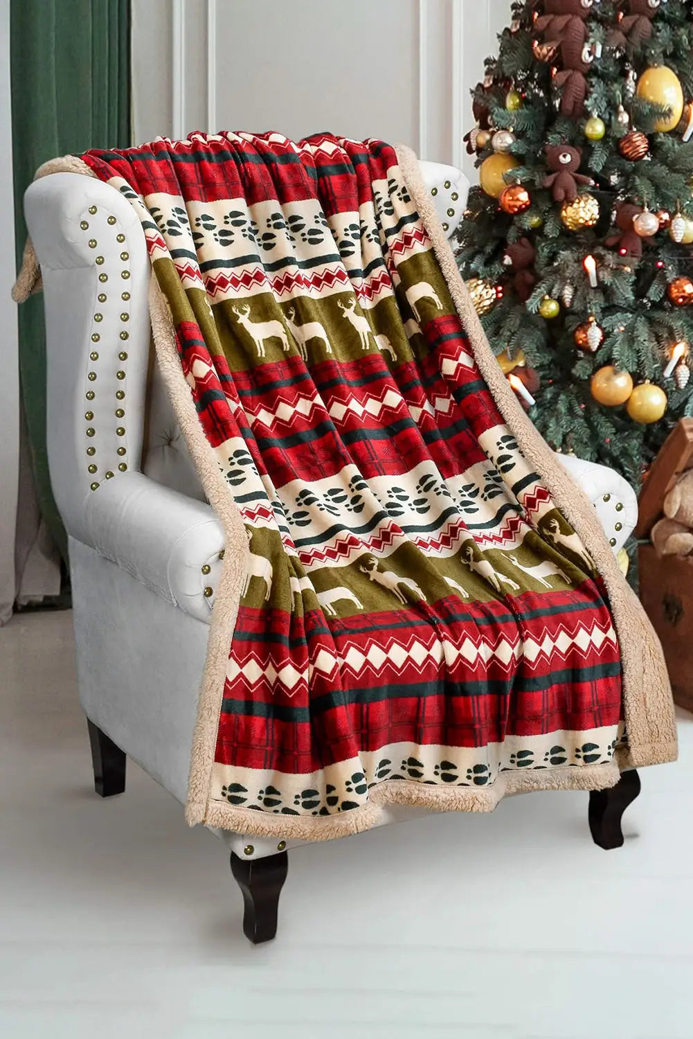 Christmas elk print reversible sherpa fleece blanket