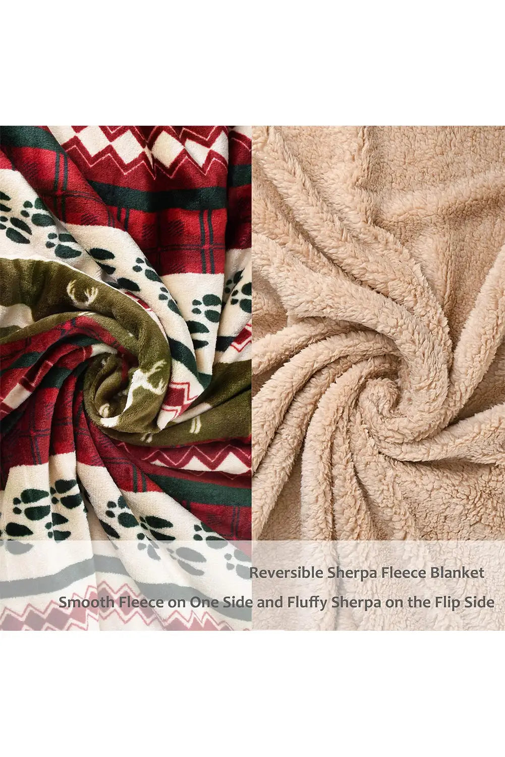 Christmas elk print reversible sherpa fleece blanket 130*150cm - dark green / one size / 100% polyester - blankets