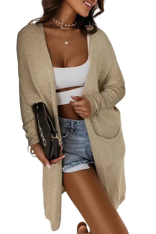 Khaki pocketed knit dolman sleeve cardigan - sweater & cardigans