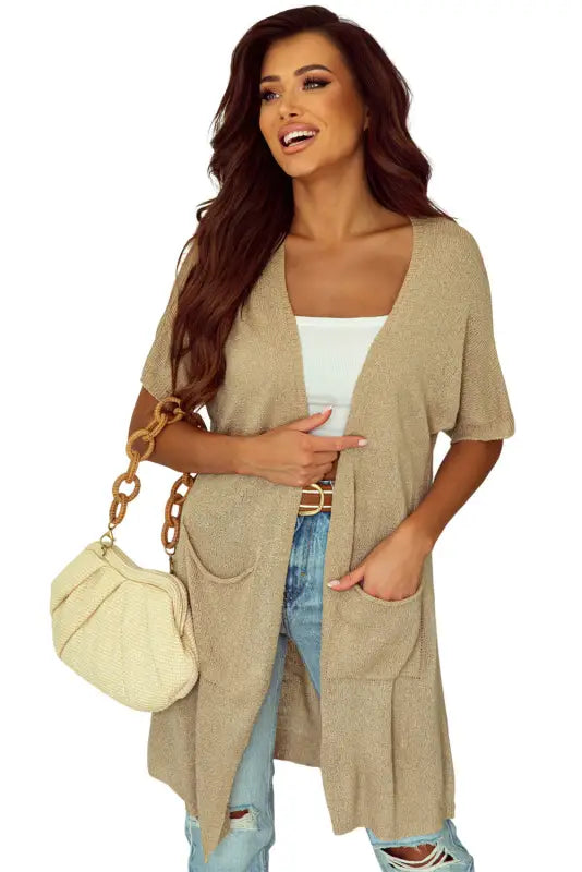 Khaki pocketed knit dolman sleeve cardigan - sweater & cardigans