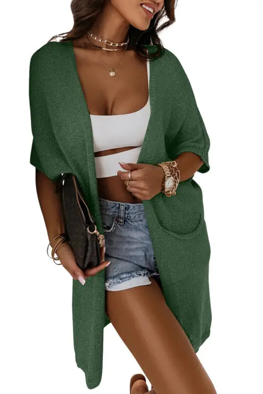 Khaki pocketed knit dolman sleeve cardigan - sweater & cardigans