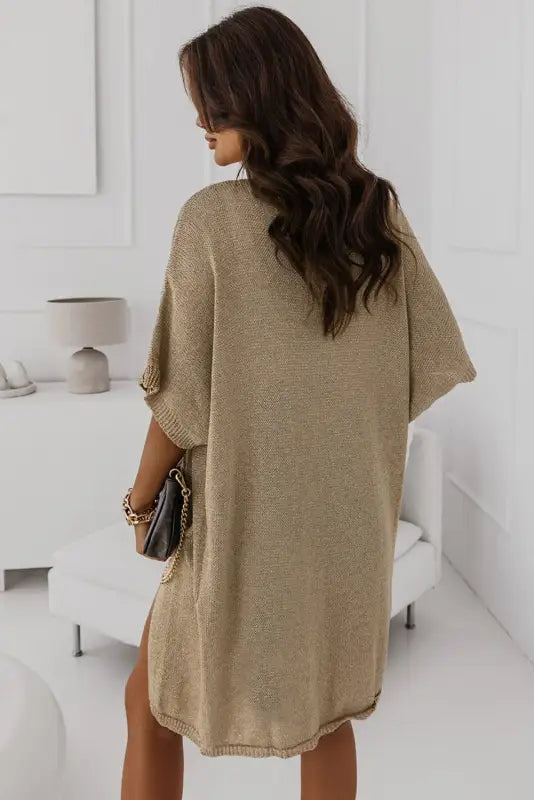 Khaki pocketed knit dolman sleeve cardigan - sweater & cardigans