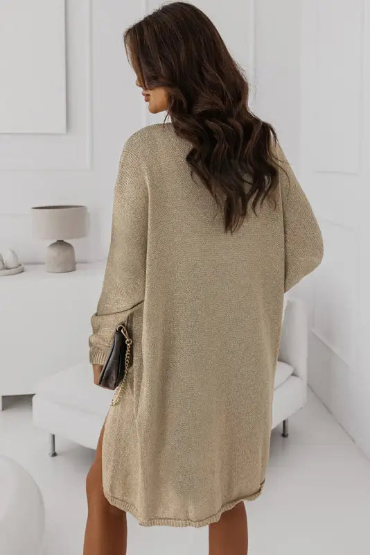 Khaki pocketed knit dolman sleeve cardigan - sweater & cardigans