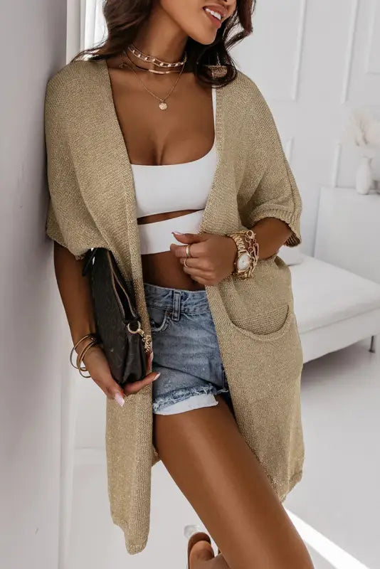 Khaki pocketed knit dolman sleeve cardigan - sweater & cardigans