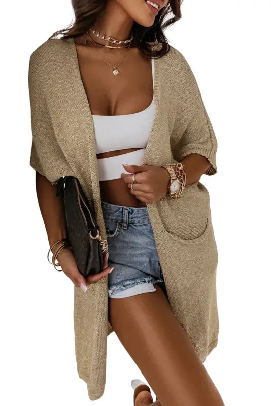 Khaki pocketed knit dolman sleeve cardigan - sweater & cardigans