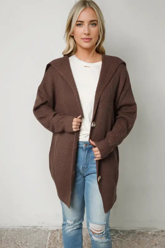 Brown chunky knit lapel collar button up cardigan - sweaters & cardigans