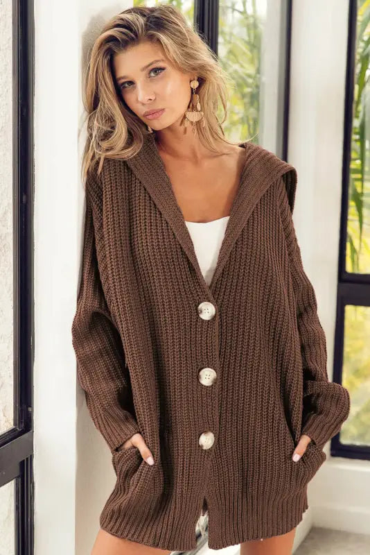 Brown chunky knit lapel collar button up cardigan - sweaters & cardigans