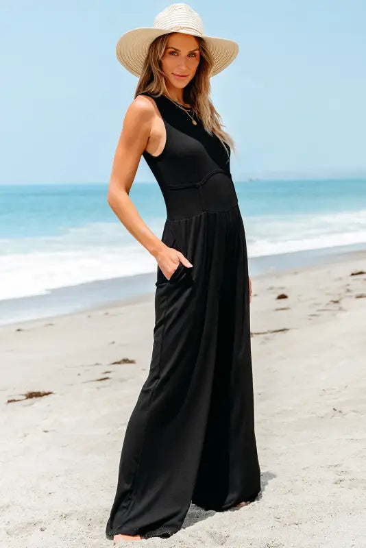 Cinched waist sleeveless wide leg jumpsuit - bottoms/jumpsuits & rompers