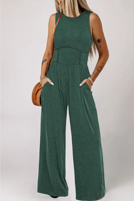 Cinched waist sleeveless wide leg jumpsuit - blackish green / s / 93% viscose + 7% elastane - bottoms/jumpsuits &