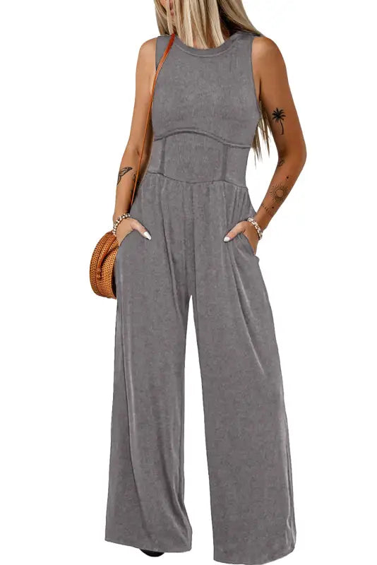 Cinched waist sleeveless wide leg jumpsuit - bottoms/jumpsuits & rompers