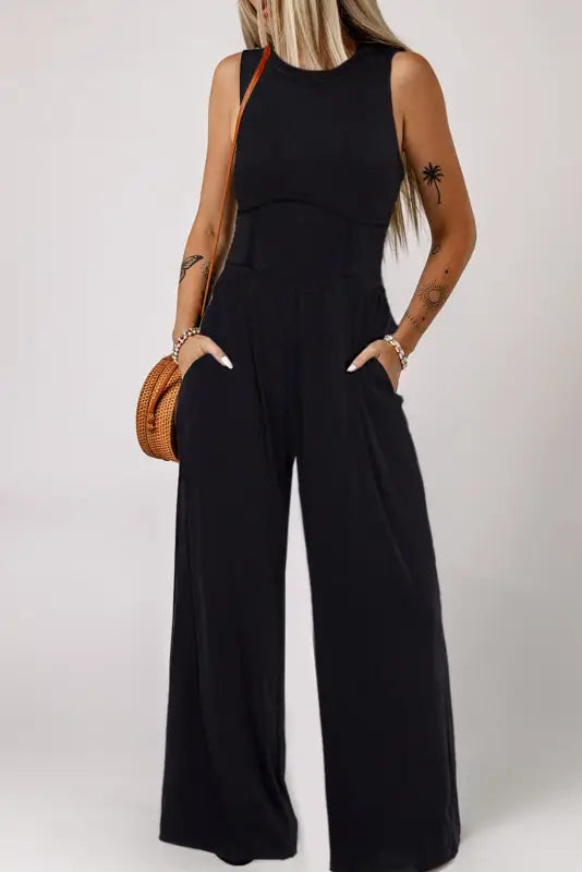 Cinched waist sleeveless wide leg jumpsuit - black / s / 93% viscose + 7% elastane - bottoms/jumpsuits & rompers