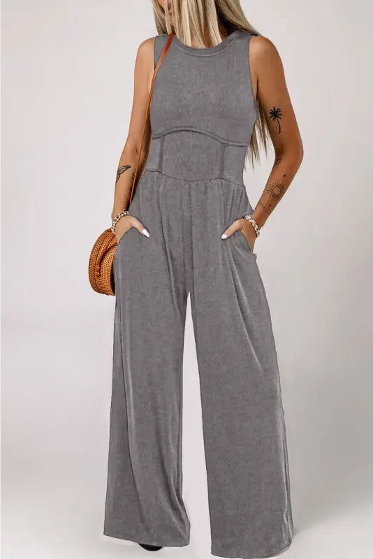 Cinched waist sleeveless wide leg jumpsuit - medium grey / s / 93% viscose + 7% elastane - bottoms/jumpsuits & rompers