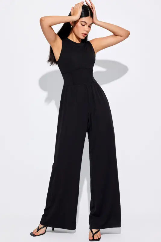 Cinched waist sleeveless wide leg jumpsuit - bottoms/jumpsuits & rompers