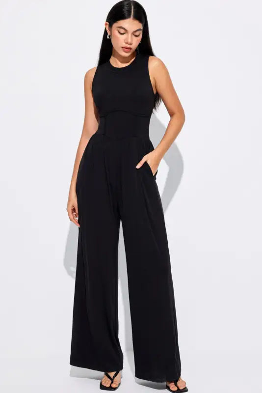 Cinched waist sleeveless wide leg jumpsuit - bottoms/jumpsuits & rompers