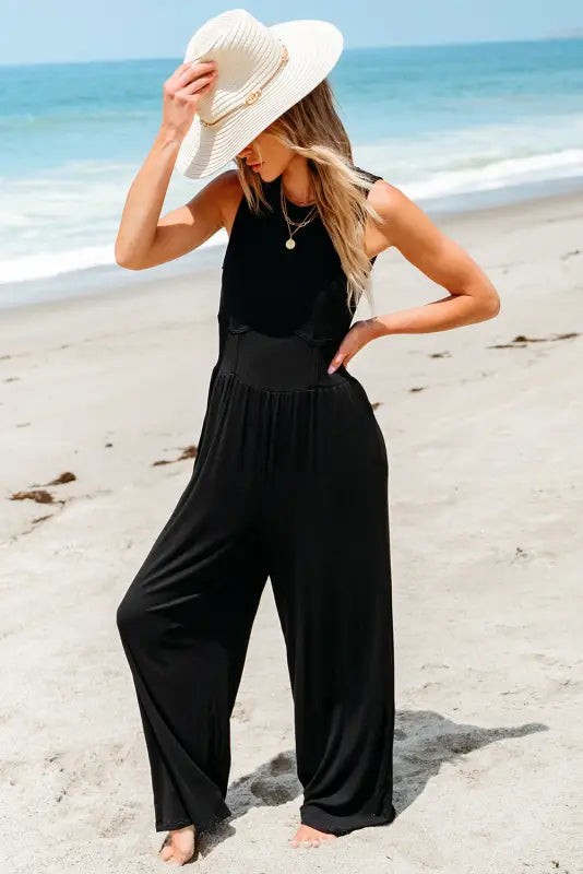 Cinched waist sleeveless wide leg jumpsuit - bottoms/jumpsuits & rompers