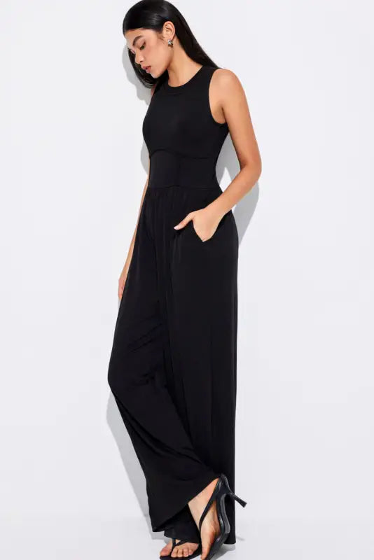 Cinched waist sleeveless wide leg jumpsuit - bottoms/jumpsuits & rompers