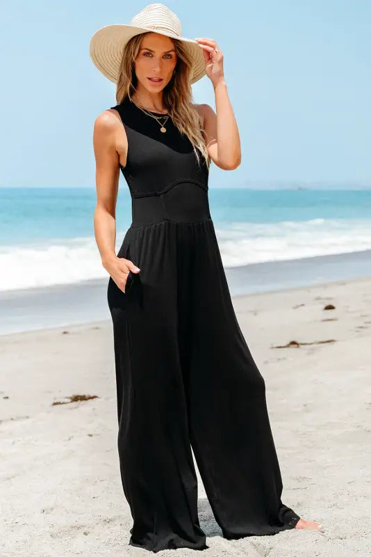 Cinched waist sleeveless wide leg jumpsuit - bottoms/jumpsuits & rompers