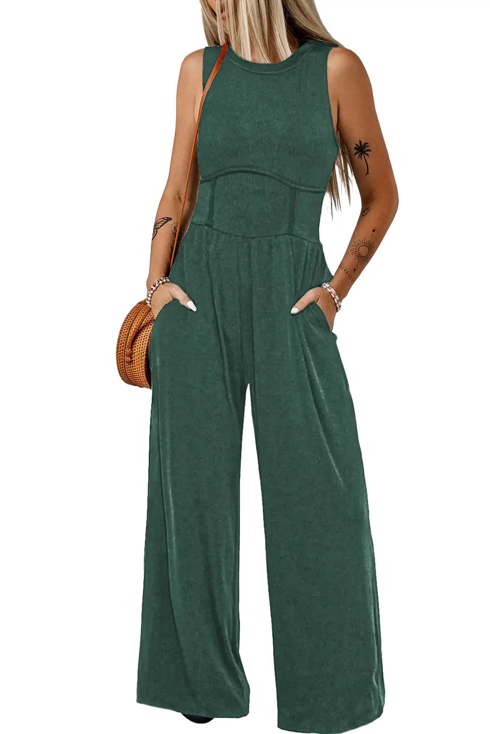 Cinched waist sleeveless wide leg jumpsuit - bottoms/jumpsuits & rompers