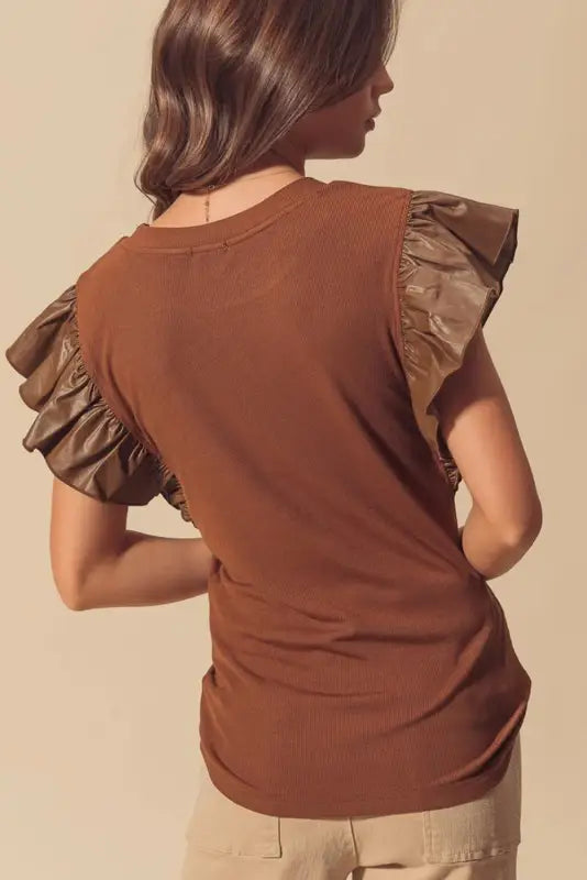 Cinnamon ruffle blouse - leather sleeve by fashionfitz