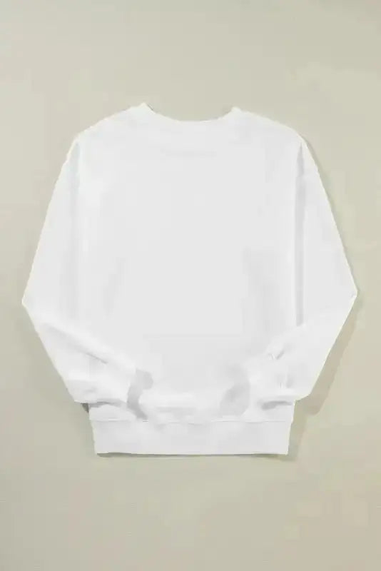 Back view of white classic crewneck sweatshirt. Features ribbed cuffs and hem for a snug, comfortable fit.
